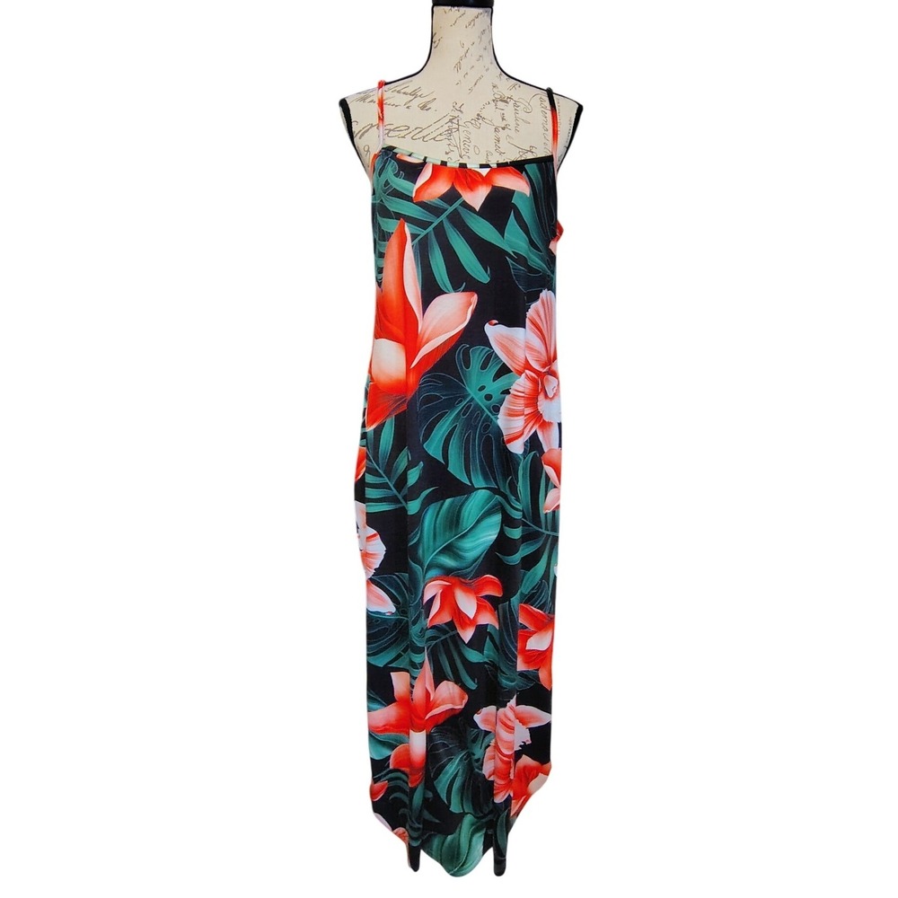 Womens Tropical Floral Leaf Knit Maxi Dress Large Sundress Beach Vacation Resort